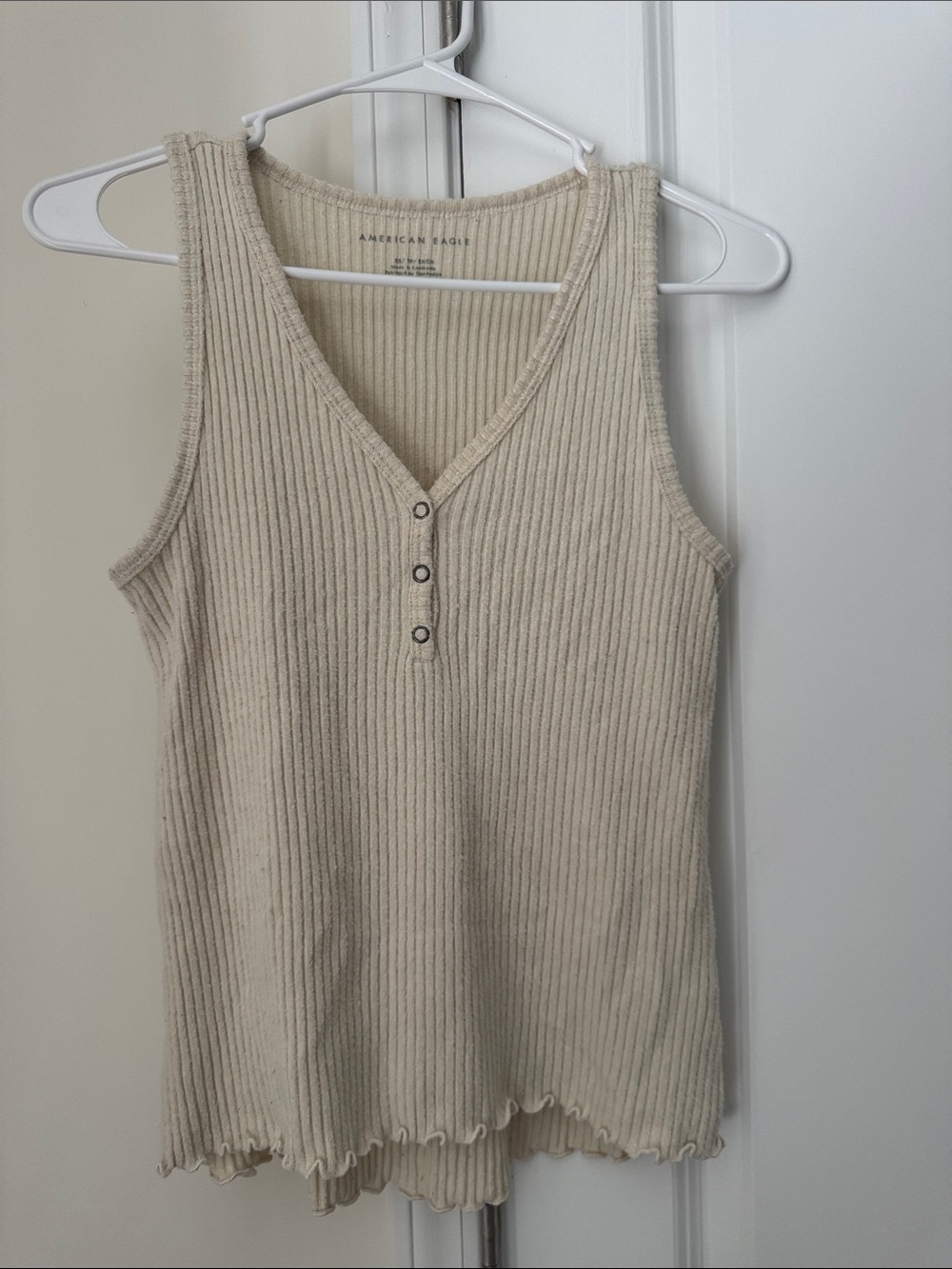 American Eagle Outfitters Beige Ribbed V-Neck Tank with Henley Buttons
